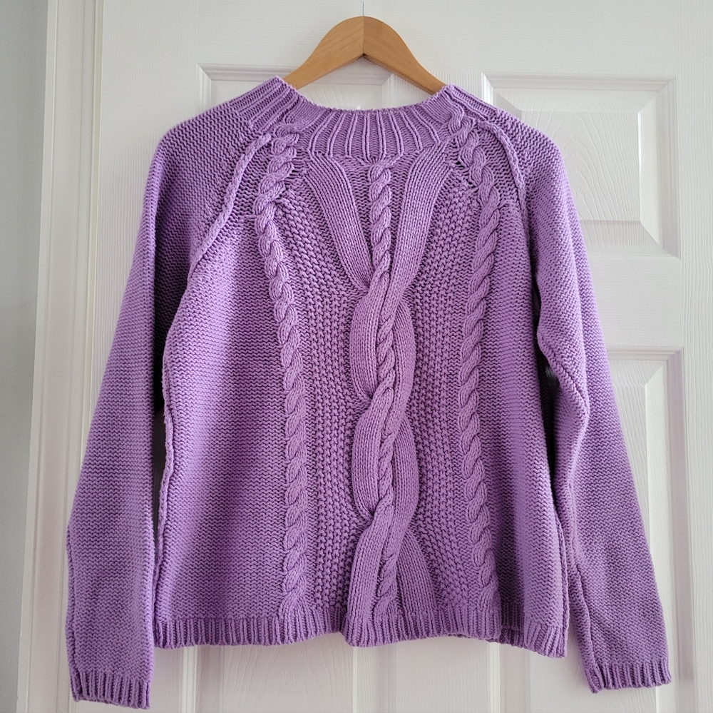 J. Jill Purple Cable Knit Sweater Size Medium Fishermancore mock Neck